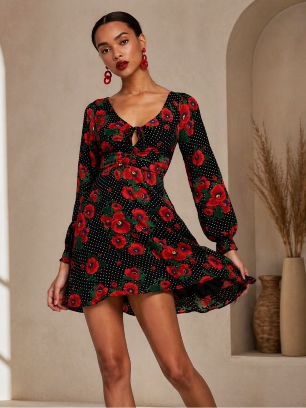 Free People Floral Mini Dress Long Sleeve Retro Boho Size 0